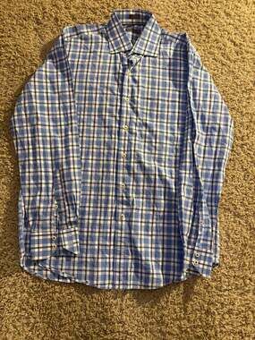 Peter Millar Plaid Button Down Shirt Size Large Blue White Cotton